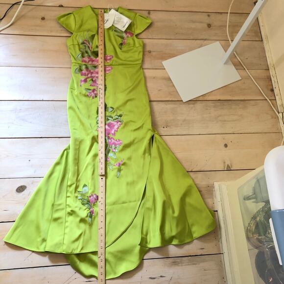 Fehaute NWT Women's Green Floral Embroidered Cap Sleeve Slit Sheath Maxi Dress 2 - Picture 9 of 10